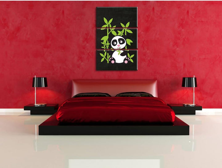 Pixxprint Süsser Panda mit Bambus als Leinwandbild/Grösse: 3 Teilig (120x80) cm/Wandbild/Kunstdruck/