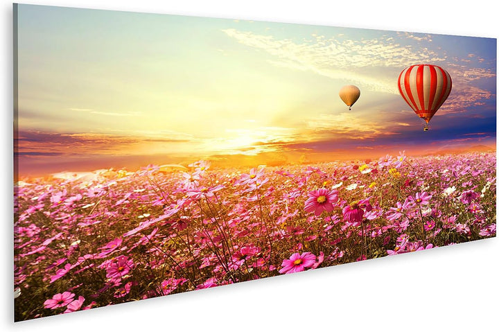 islandburner Bild auf Leinwand Landschaft Kosmosblumenfeld Und Heissluftballon Bei Sonnenuntergang V