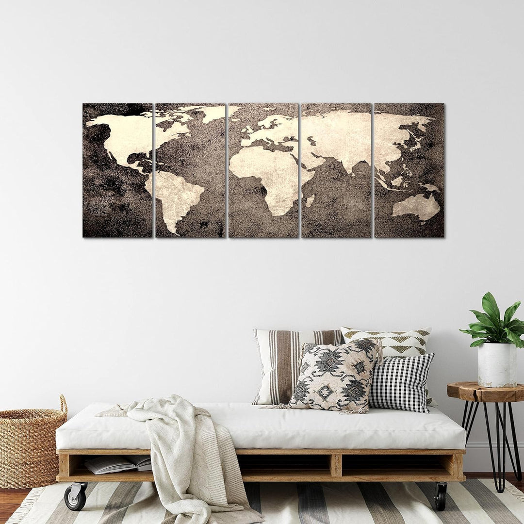 Runa Art Wandbild XXL Weltkarte Büro Wohnzimmer 200 x 80 cm Braun 5 Teilig - Made in Germany - 10175