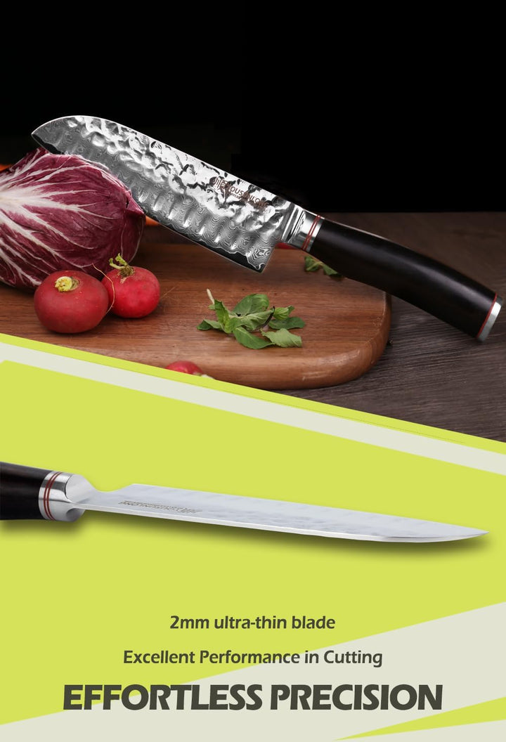 YOUSUNLONG Santoku Messer 7 Zoll (17.8cm) Kochmesser Japanischer gehämmerter Damaststahl Holzgriff a