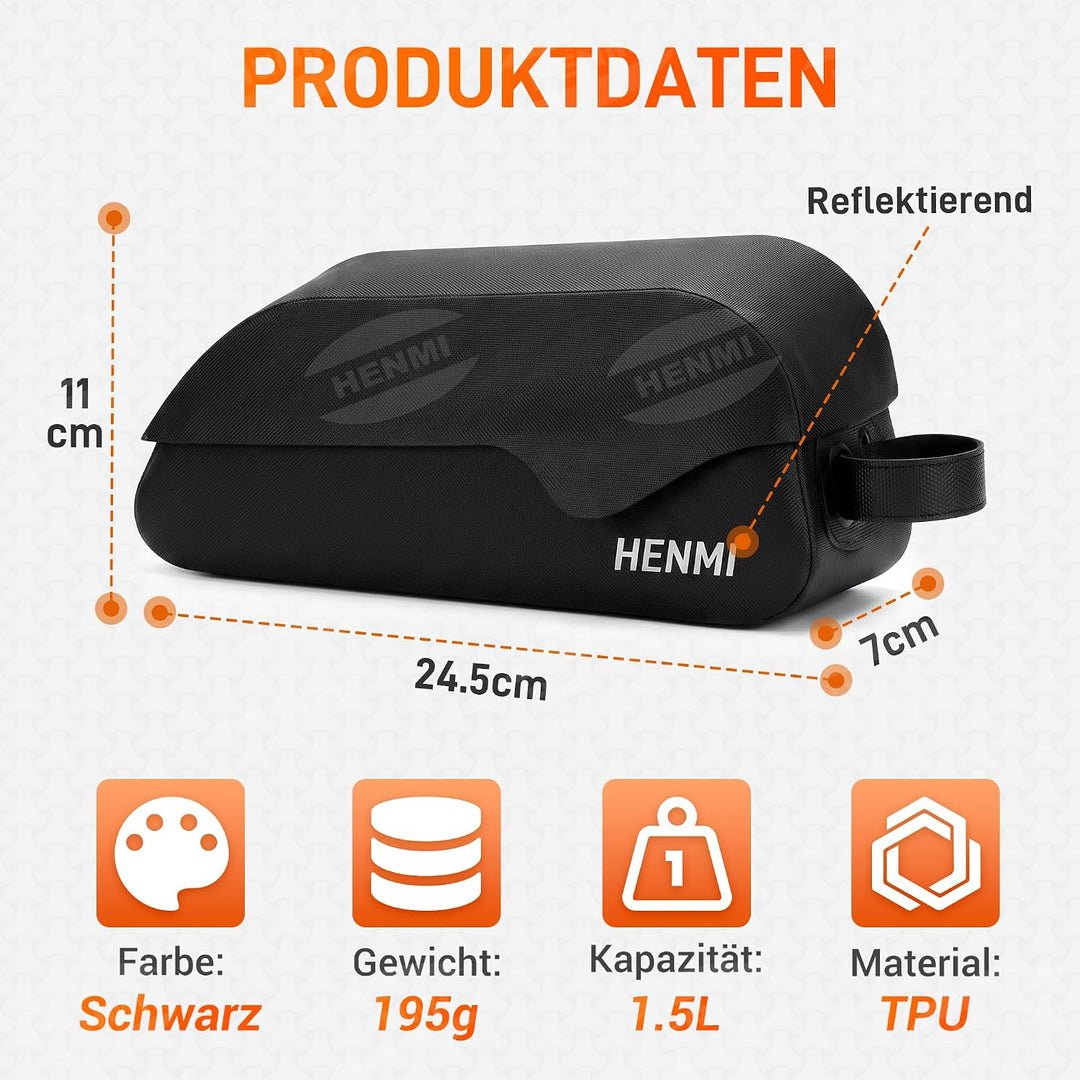HENMI Oberrohrtasche Fahrrad 1,5 Liter, Fahrrad Rahmentasche Wasserdicht mit Magnetverschluss Oberro