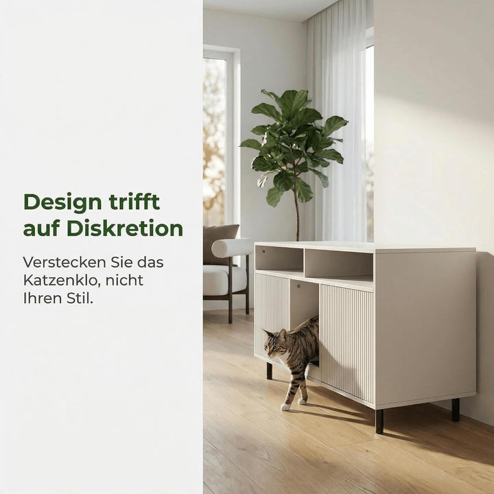 Katzenklo Schrank für 2 Katzen, Weiss, 120 x 50 x 66 cm | MDF, verstecktes Katzenklo Möbel, belüftet