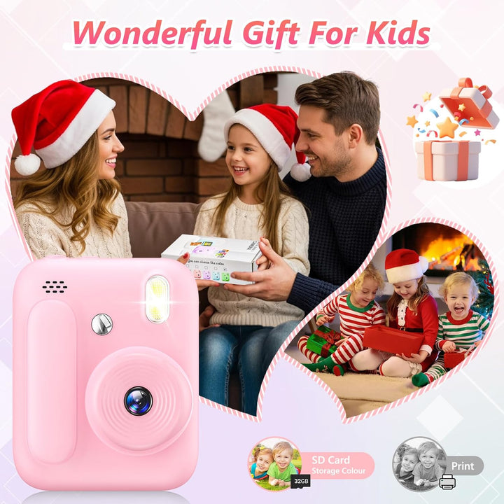 Sofortbildkamera für Kinder,1080P Kinderkamera mit 5 Rollen Druckpapier,32GB-Karte und Farbstiften,T