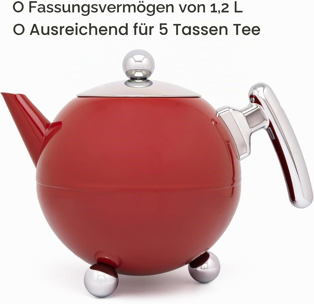 Bredemeijer rote bauchige doppelwandige Edelstahl Teekanne 1.2 Liter 160x241x181mm Rot, 160x241x181m