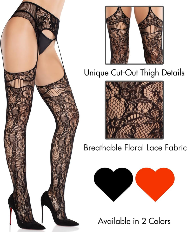 LEG AVENUE Damen Bloom Net Stockings With Cut-out Thigh Detail And Attached Garter Belt Netzstrümpfe