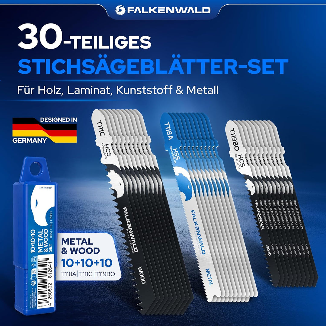 FALKENWALD® Stichsägeblätter Set 30tlg 20x Holz + 10x Metall - T-Schaft HCS & HSS - Für Weichholz, H