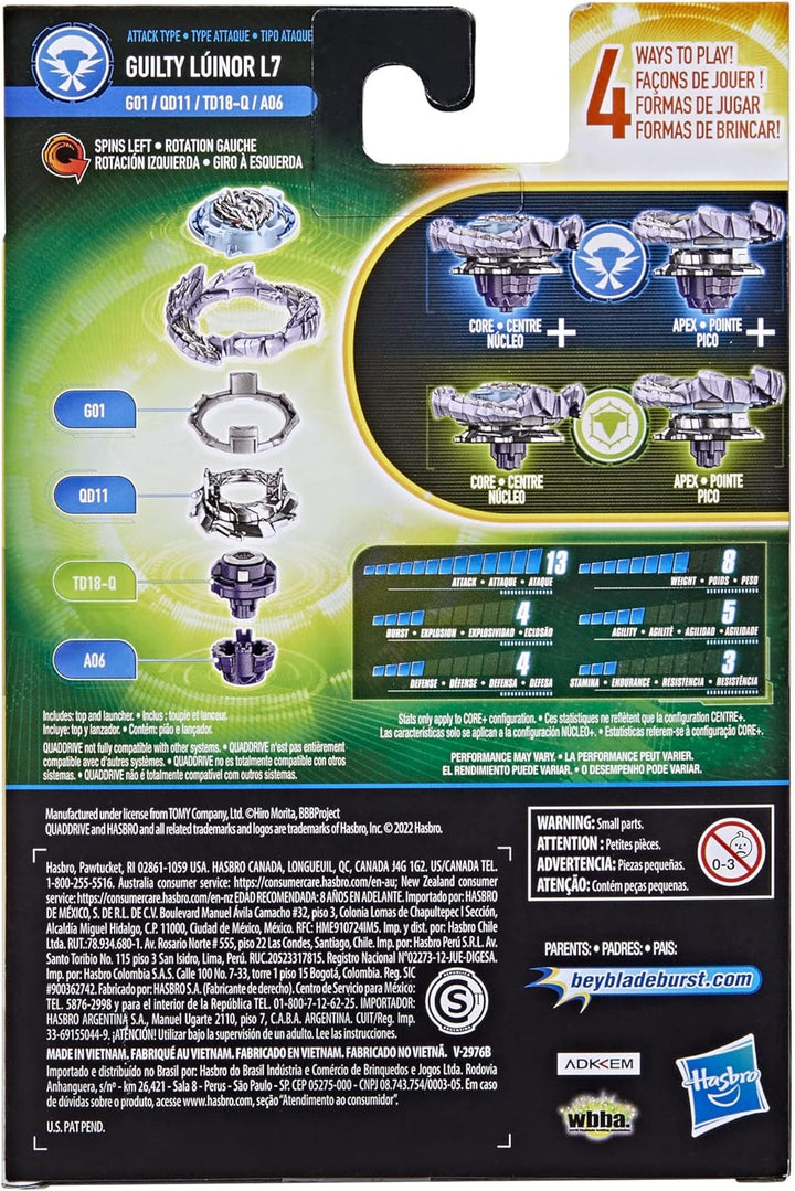 Beyblade Burst QuadDrive Guilty Lúinor L7 Spinning Top Starter Pack – Attack/Defense Type Battling G