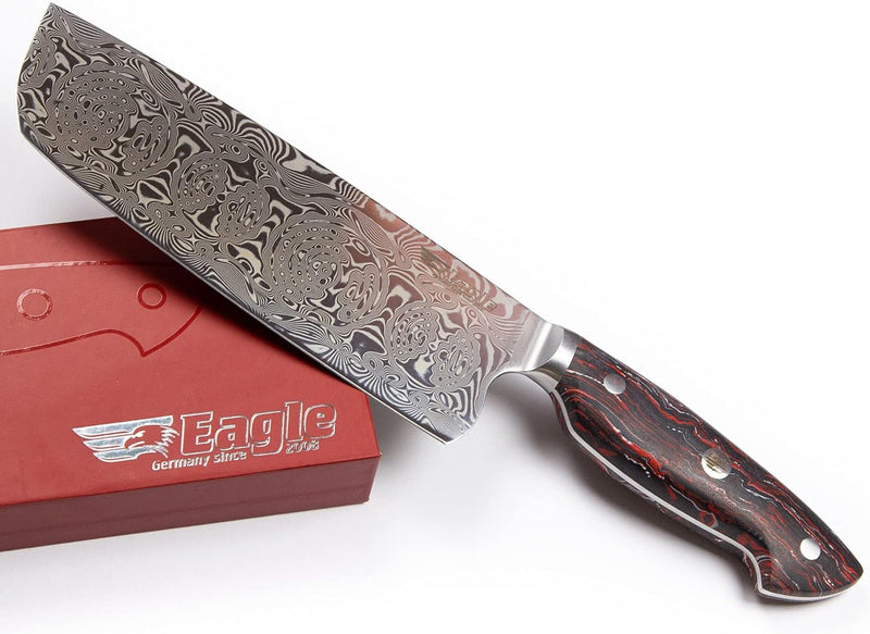 Eagle U-Grip - Nakiri-Messer 18 cm - Voll-Damaststahl 108 Lagen/Heftschalen: G10 schwarz-rot-weiss V