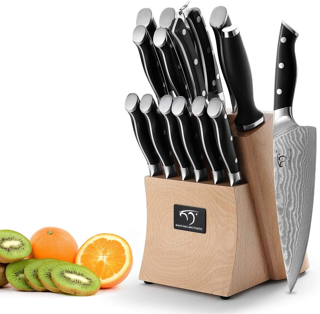 NANFANG BROTHERS Damastmesser Set mit Buchenholzmesserblock, Messerblock mit Messer Scharfem Profi K