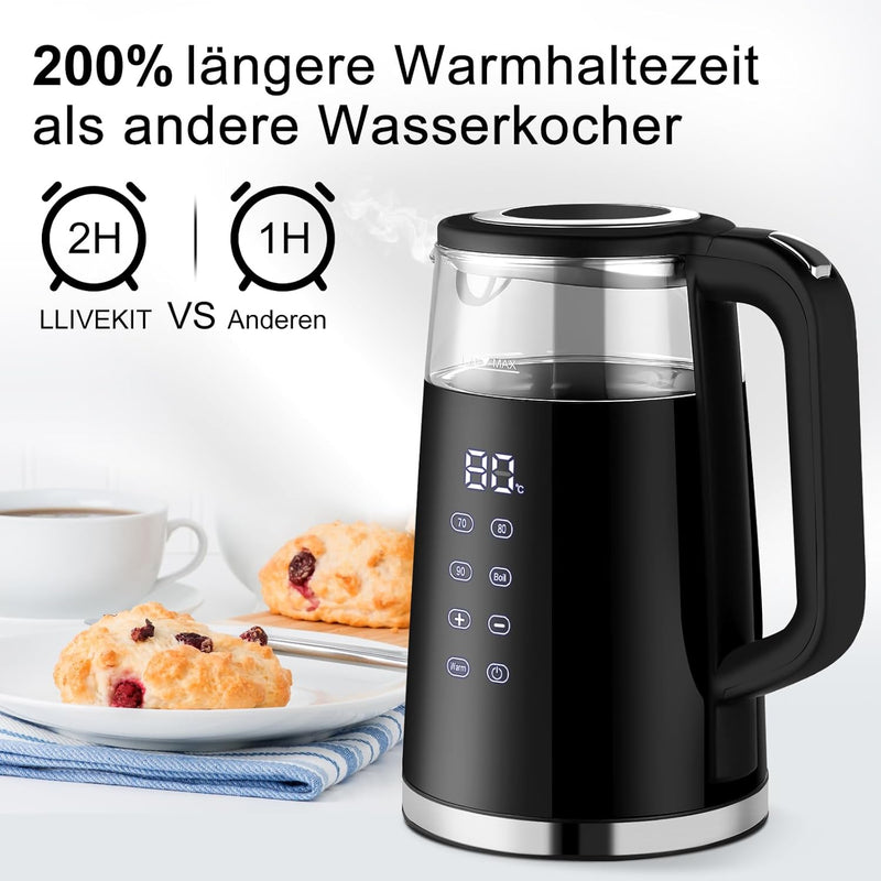 WANNYTON Wasserkocher 1,7 L mit Temperatureinstellung Temperaturwahl (40-100℃), Edelstahl Glas, BPA-