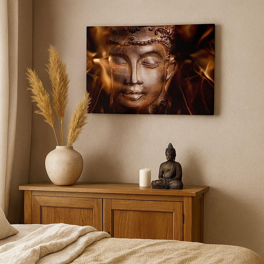 Bilder auf Leinwand 100x70cm Leinwandbild Buddha Statue Geheimnis Gross Wanddeko Bild Schlafzimmer K