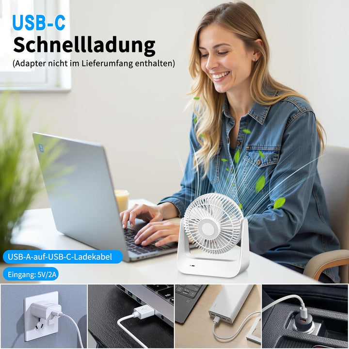 Tischventilator mit Temperatursteuerung, 5000mAh USB Ventilator, 5 Geschwindigkeitsstufen inkl. Schl