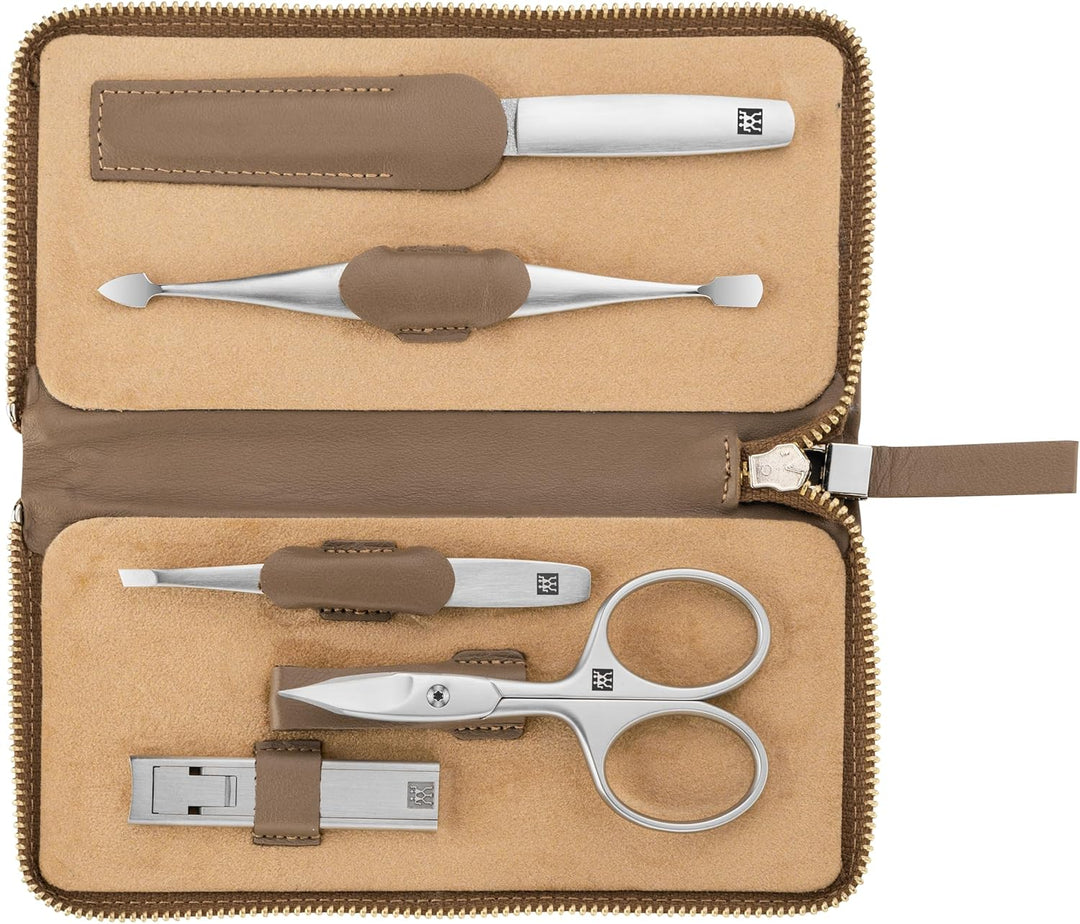 ZWILLING Maniküreset 5-teilig Nagelpflegeset aus Rindleder mit Reissverschluss, Premium, Taupe, 5-Te
