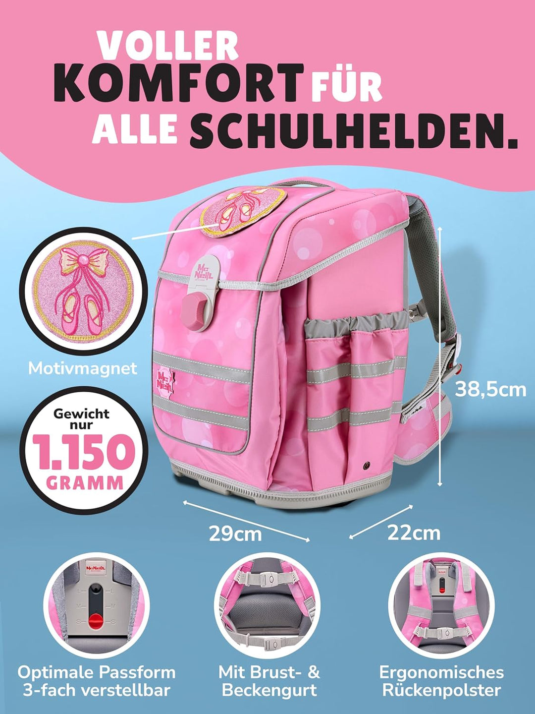 Familando - McNeill Ergo Complete Schulranzen Set - 8-teilig mit Lunch-Set - Ballerina - Ergonomisch