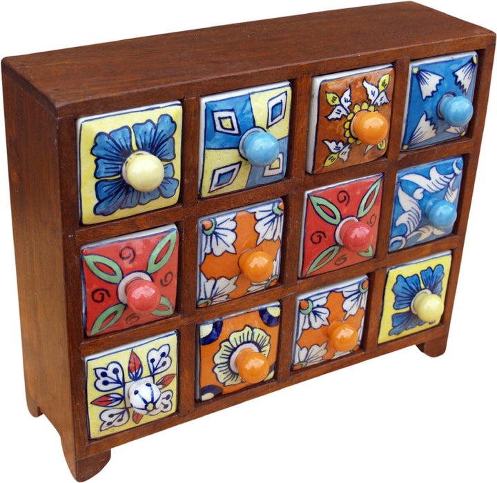 GURU SHOP Apothekerschränkchen mit Bunten Keramik Schubfächern, Gewürzkiste - 4x3 Fächer Modell 1, 2