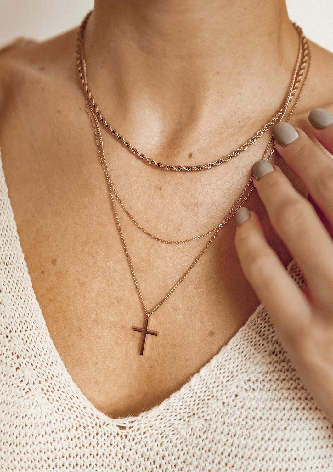 Happiness Boutique Damen Kreuz Kette in Rosegold | Zarte Mehrreihige Kette mit Kreuz Anhänger Edelst