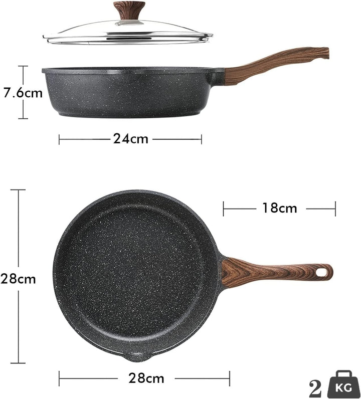 SENSARTE Antihaft Pfanne 28cm, Tiefe Bratpfanne mit Deckel, Schweizer Granitbeschichtung Kochpfanne