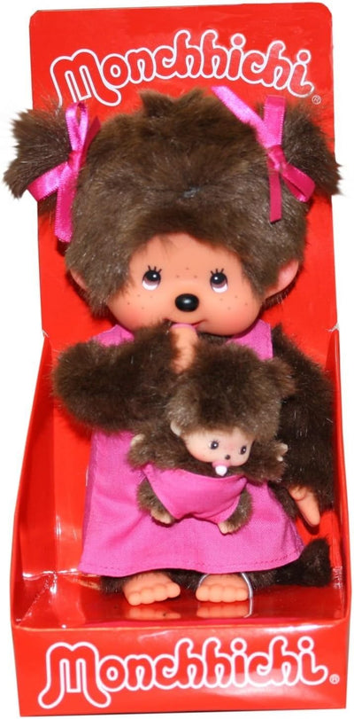 Sekiguchi 236200 - Original Monchhichi Mutter mit Baby, Plüschfigur mit pinkem Kleid und Schleife im