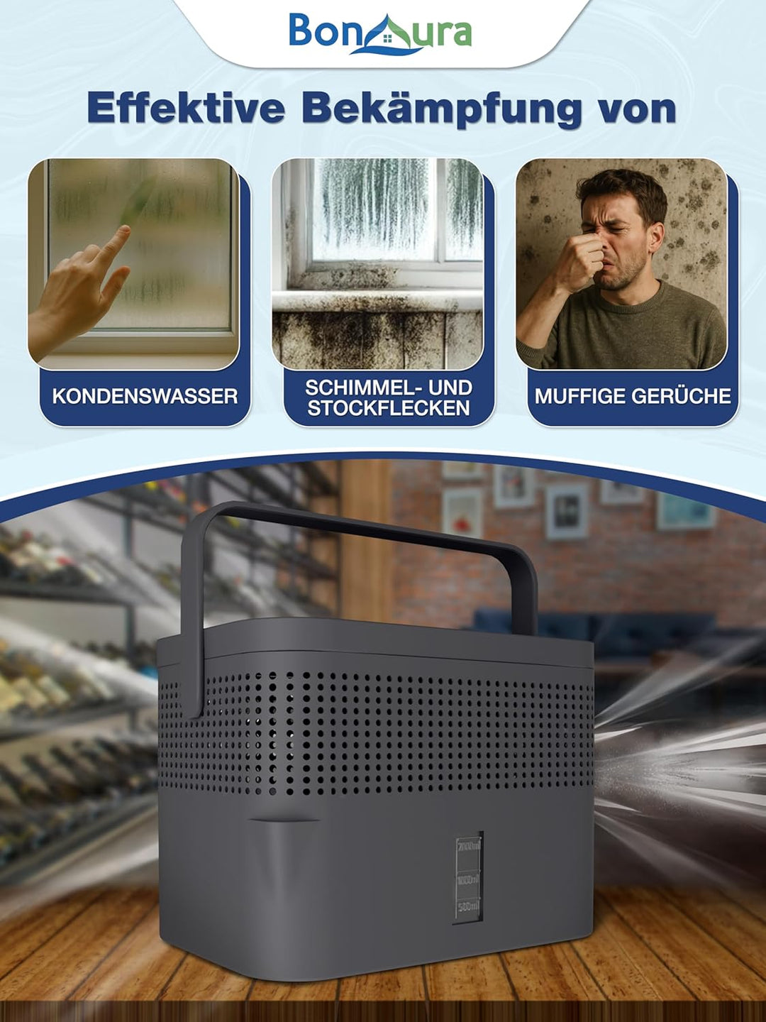 BonAura® AirOne Max Luftentfeuchter ohne Strom bis 33m² I 360° Belüftung I Raumentfeuchter mit Ausgi