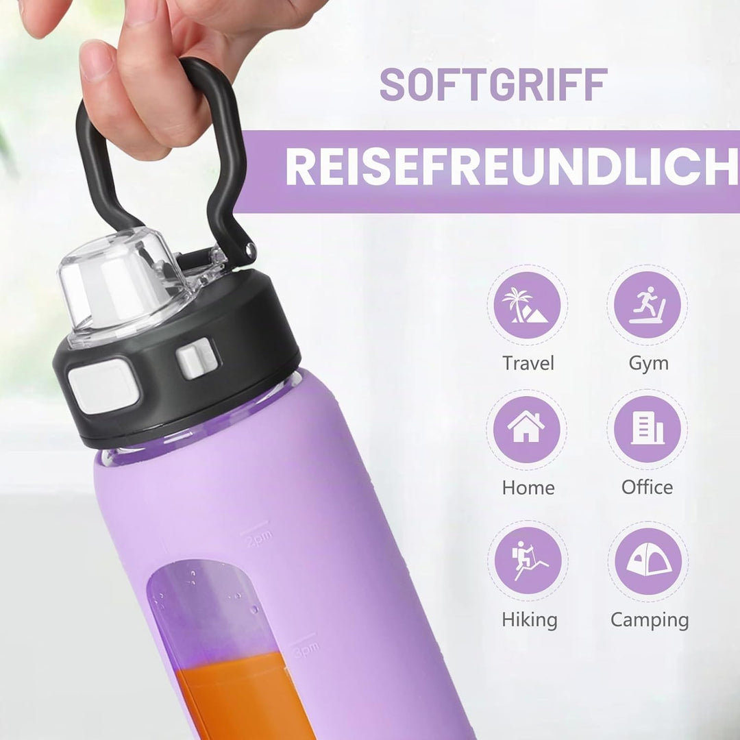 BLUEGO 700ml Trinkflasche Glas mit Strohhalm und Griff Auslaufsichere Wasserflasche mit Silikonhülle