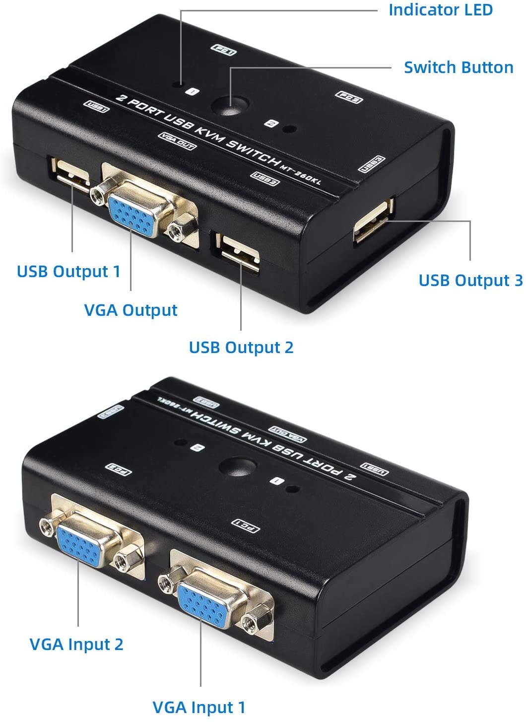 TCNEWCL 2 Port KVM Switch VGA mit 2-in-1 Kabel, VGA USB KVM Switcher 2 PCs 1 Monitor, mit 3 USB 2.0