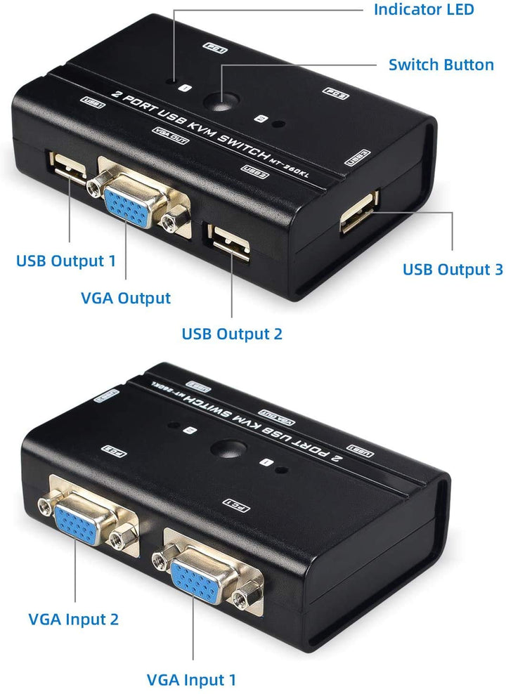 TCNEWCL 2 Port KVM Switch VGA mit 2-in-1 Kabel, VGA USB KVM Switcher 2 PCs 1 Monitor, mit 3 USB 2.0