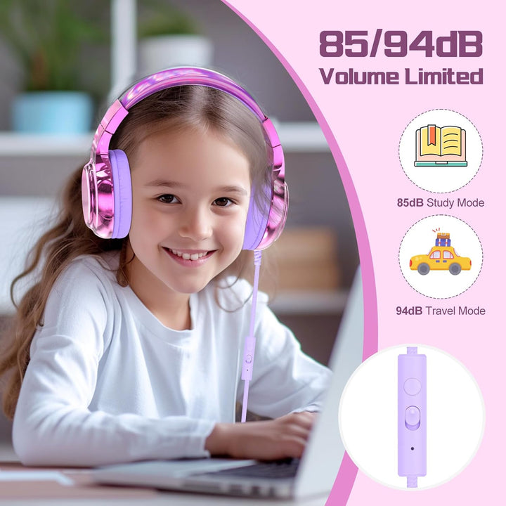 JYPS Kinder Kopfhörer,Kopfhörer Kinder mit Kabel,85/94 dB Volume Limit,Faltbare Kopfhörer für Mädche