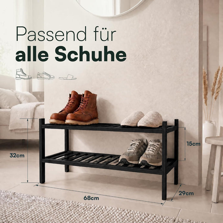 Schuhregal aus Bambus, Schuhablage mit 2 Ebenen, 68 x 28 x 32 cm, Erweiterbar Stapelbar, Schuhschran