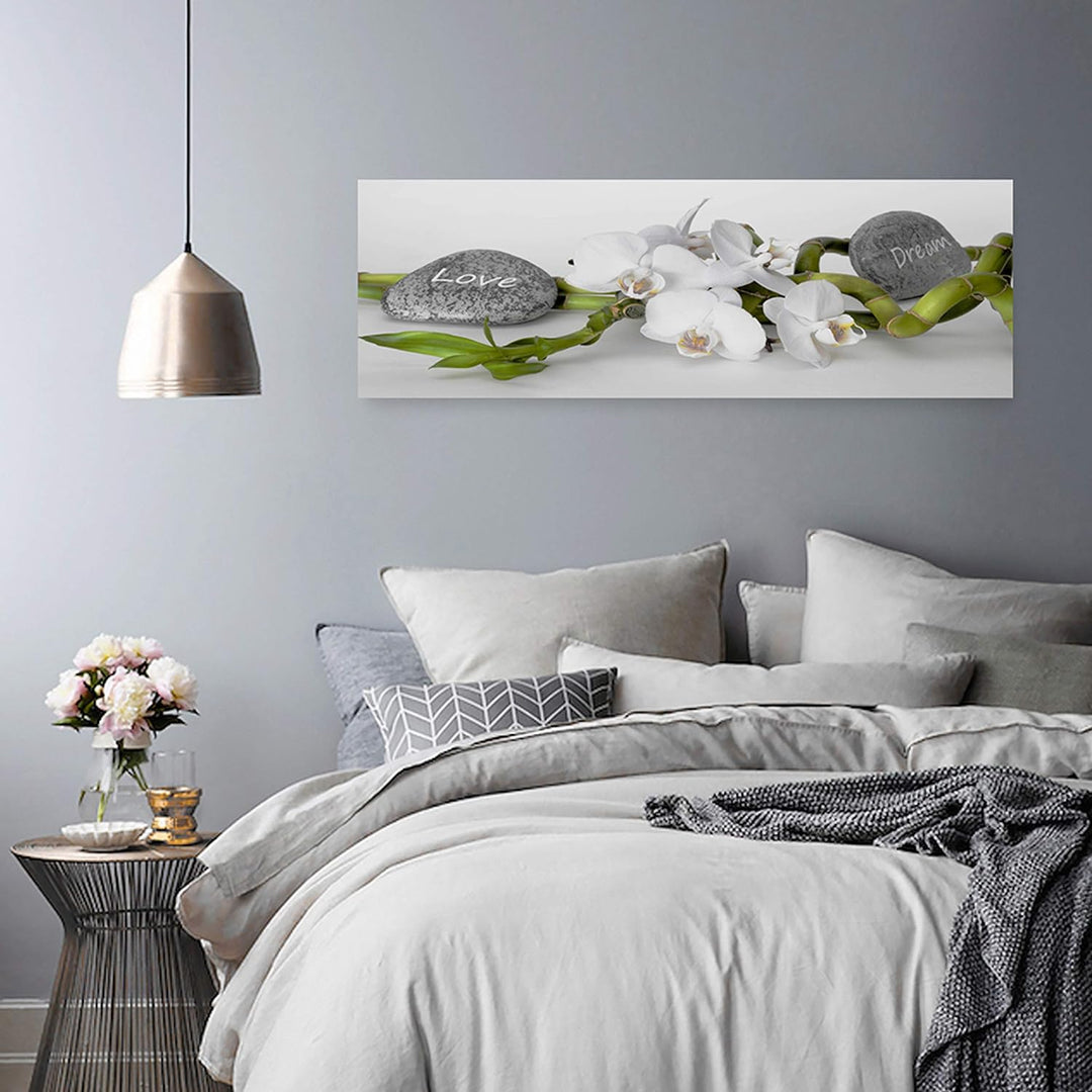 Feeby. Leinwandbild, Bilder, Wand Bild, Wandbilder, Kunstdruck 120x40 cm, Orchidee, Natur, Zen, Weis