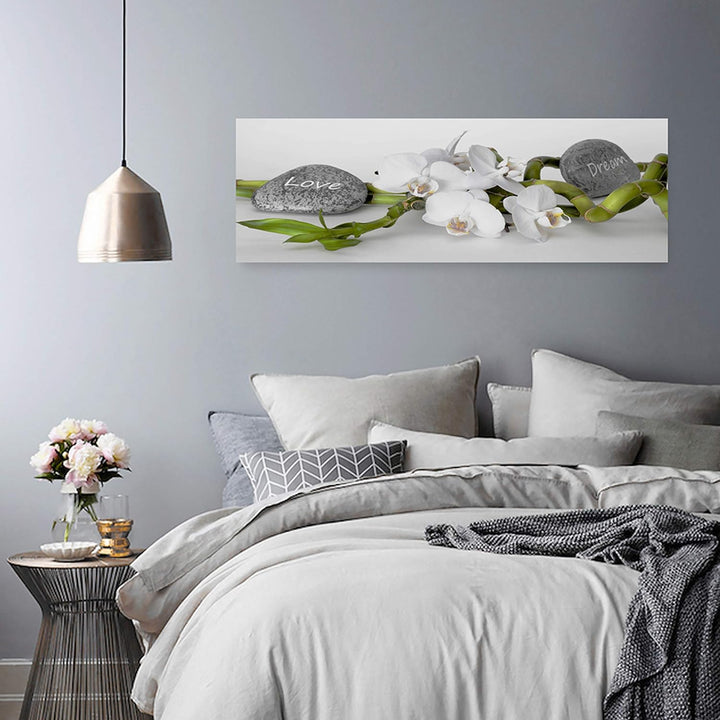 Feeby. Leinwandbild, Bilder, Wand Bild, Wandbilder, Kunstdruck 150x50 cm, Orchidee, Natur, Zen, Weis
