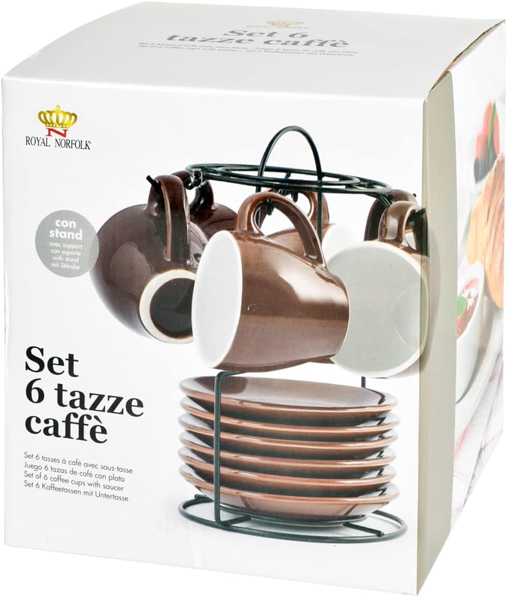 ROYAL NORFOLK 729362 Set mit 6 Kaffeetassen, Stoneware, mit Untertasse, Braun, CC 90