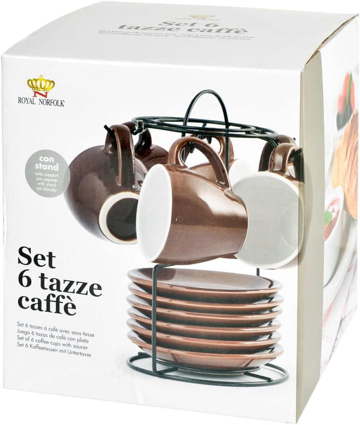 ROYAL NORFOLK 729362 Set mit 6 Kaffeetassen, Stoneware, mit Untertasse, Braun, CC 90