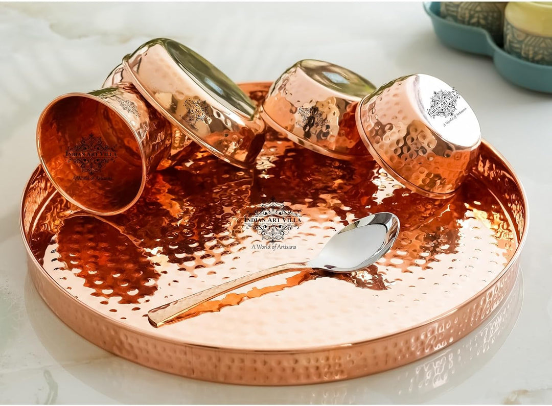 IndianArtVilla Thali/Dinner-Set, handgefertigt, reines Kupfer, 8 Stück