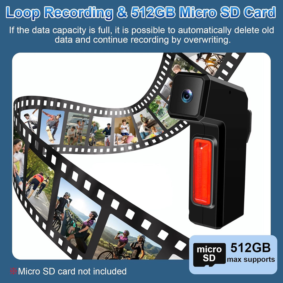 Mini-Actioncam 1080P 120° Weitwinkel 19h Akku IPX3 für Fahrrad/Motorra | Loop-Aufnahme, 512GB SD-kom