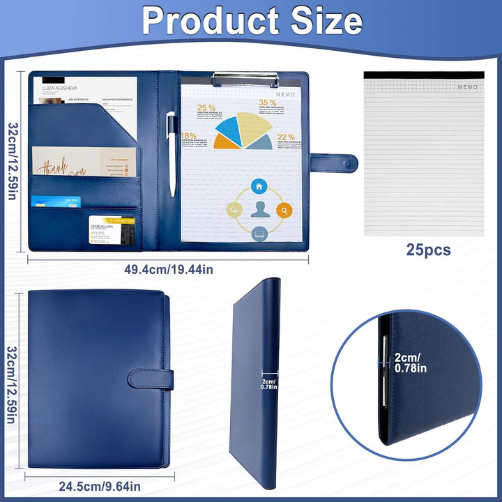 Klemmbrettmappe, PU-Leder Klemmbrett A4 mit Deckel mit Dokumentenmappe Notizblock Blau, Blau