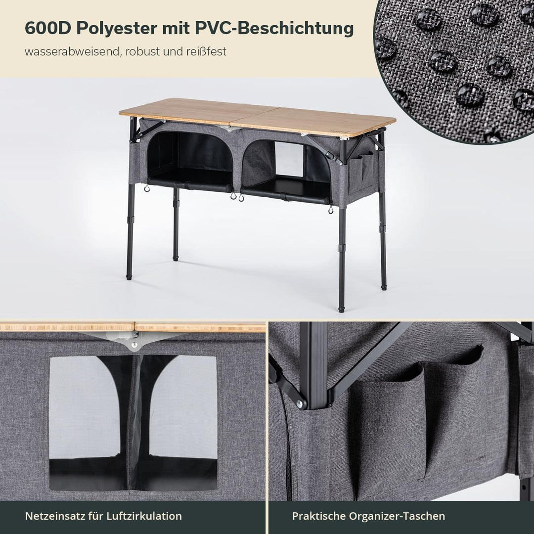 Skandika Campingtisch mit Schrank Tolja | Outdoor Bambus Klapptisch mit Stauraum, höhenverstellbar,