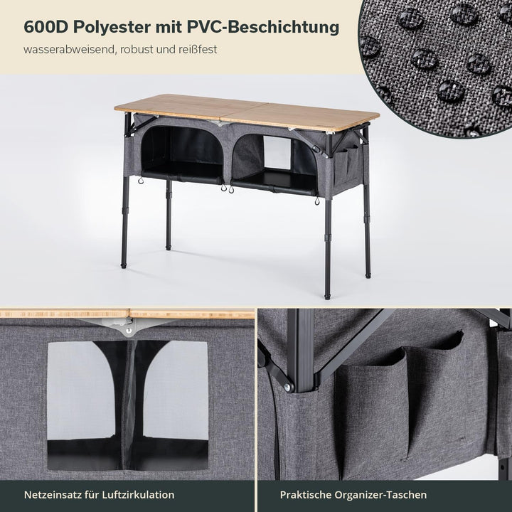Skandika Campingtisch mit Schrank Tolja | Outdoor Bambus Klapptisch mit Stauraum, höhenverstellbar,
