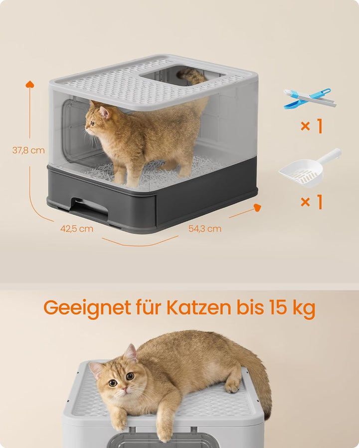 Feandrea Katzenklo Edelstahl, Katzentoilette, mit Deckel, ausziehbares Tablett, Schaufel, Bürste, fü