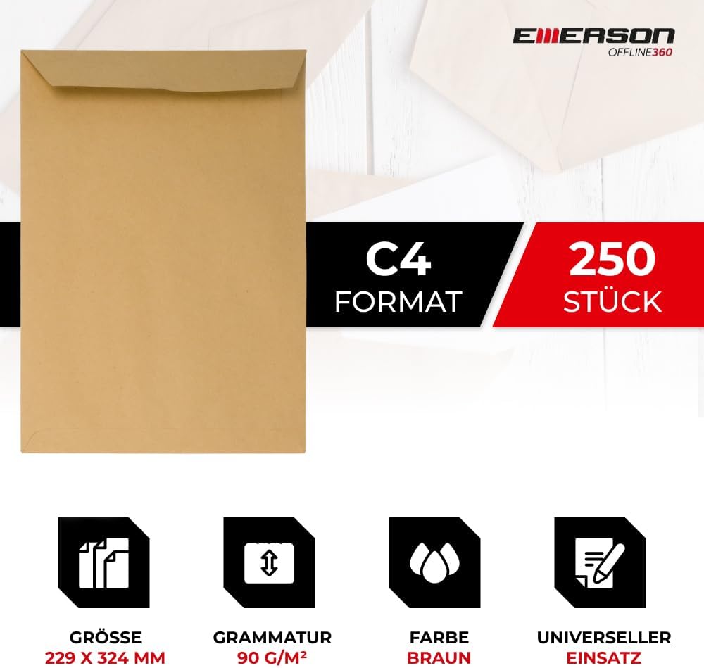 Emerson 250x Versandtasche DIN C4 Braun 229 x 324 mm 90g grosse Briefumschläge ohne Fenster gerade K