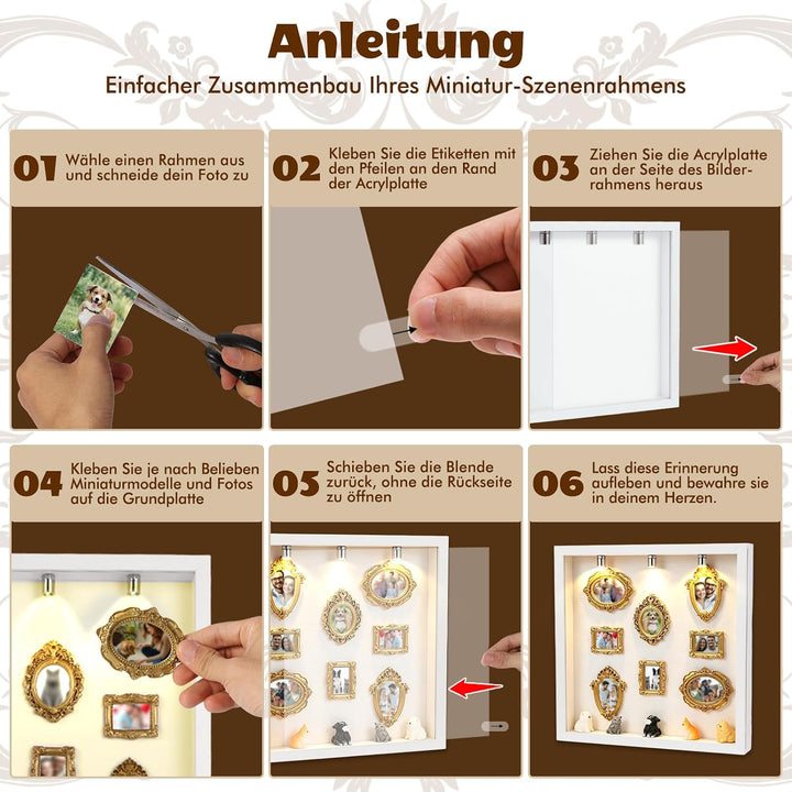 Upgrade DIY Mini Museum Bilderrahmen Set, Schattenbox mit seitlich öffnender Acrylfront & LED-Licht,