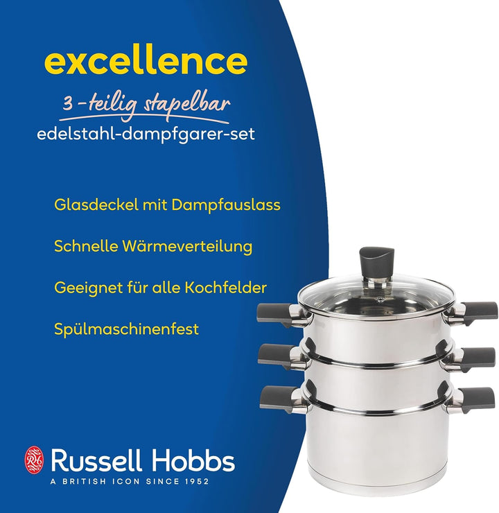 Russell Hobbs RH01170EU Excellence 3-teilig stapelbar Dampfgarer - 18cm-Dampfgarer-Set, Glasdeckel,