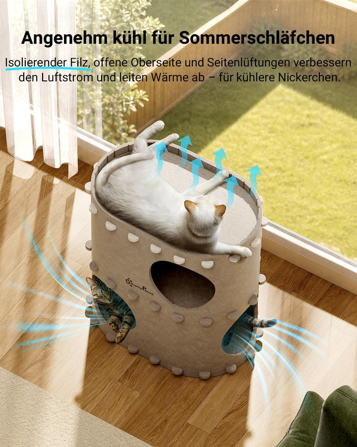 DownyPaws Katzenhöhle aus Filz, 2-stöckige Katzenbett, 50 x 33 x 50 cm Schloss Katzenhaus zum Spiele