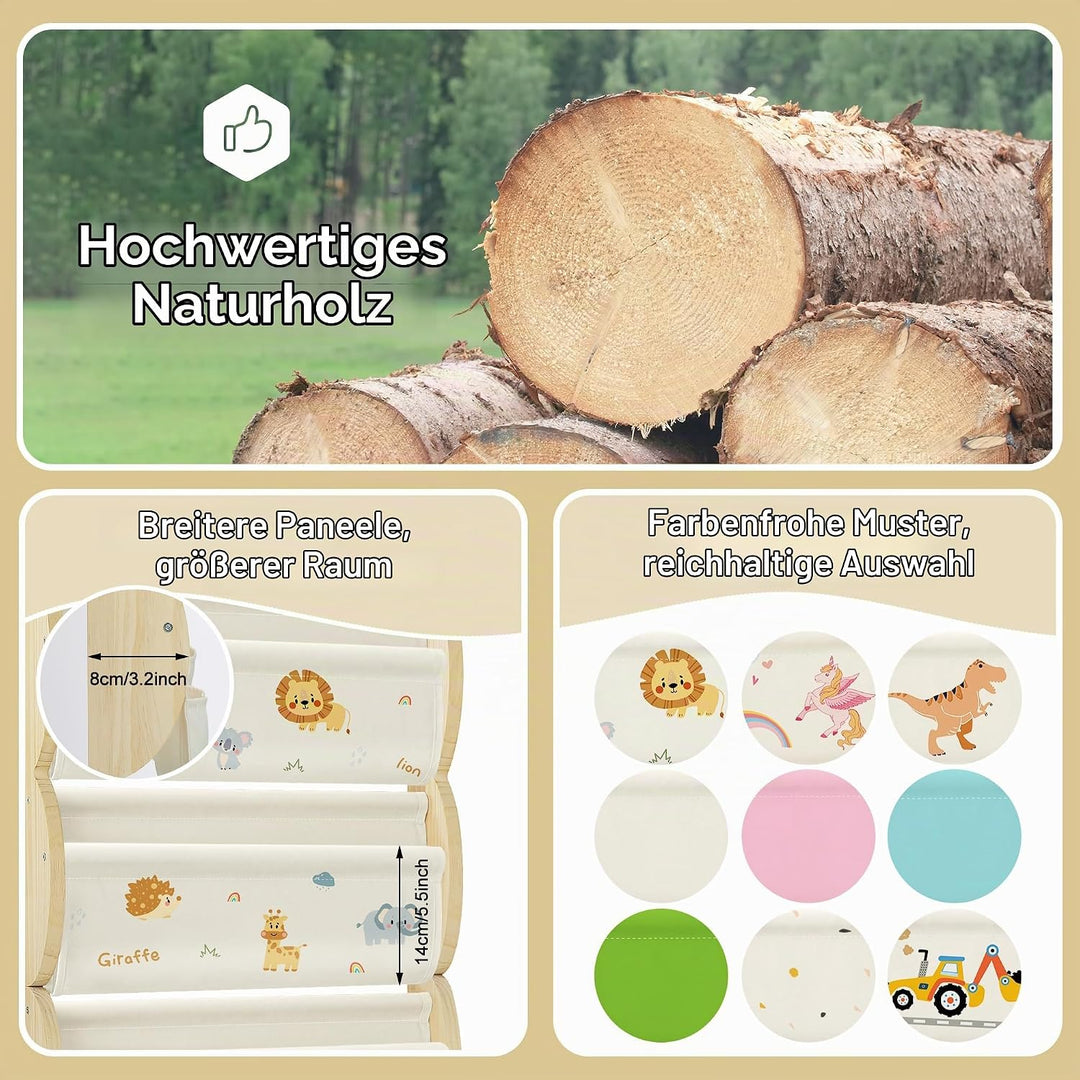 Bücherregal Kinder Wand Kinderbücherregal Montessori mit 4 Ablagen &amp; 3 Taschen Kinderregal Wandregal