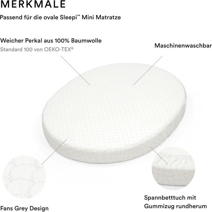 Stokke Sleepi Mini Spannbetttuch, Fans Grey - Weiche Bettwäsche für süsse Träume - Passend für die o