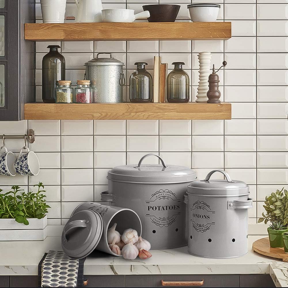 Virklyee Kartoffeltopf, Zwiebeltopf und Knoblauchtopf Belüftet Vorratsbehälter Set, Set of 3 Die per