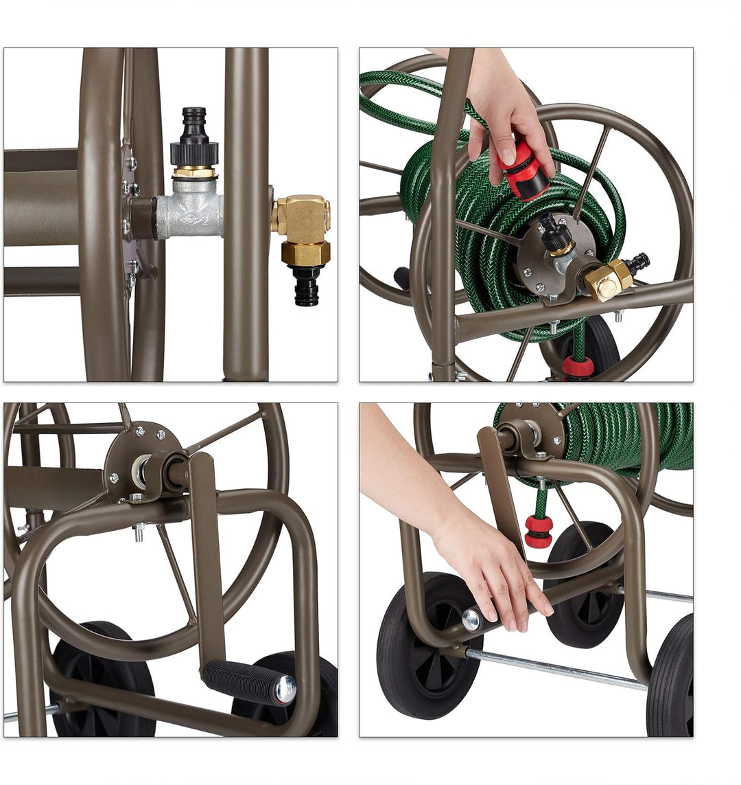 Relaxdays Schlauchwagen XL, fahrbare Schlauchtrommel, Metall, für 60m Schlauch, 4 Räder, mit Kurbel,