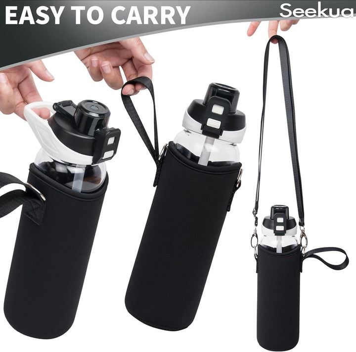 Seekua 0.8l Sport Trinkflasche Glas Flasche mit Strohhalm & Zeitmarkierung 800ml auslaufsicher bpa f