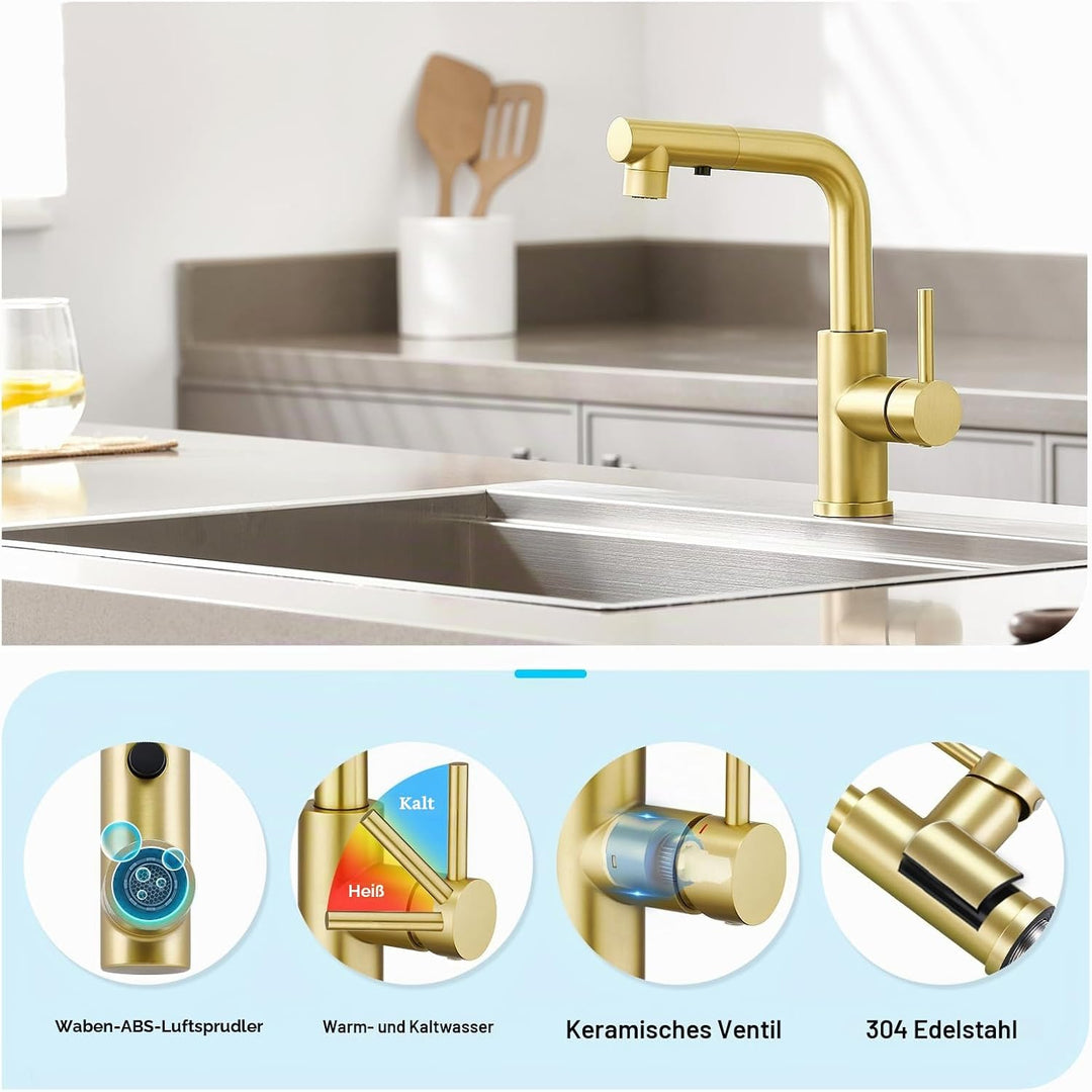 CREA Wasserhahn Küche mit 3 Funktionen Brause, Küchenarmatur mit Ausziehbarem Brause, 360° Drehbar M