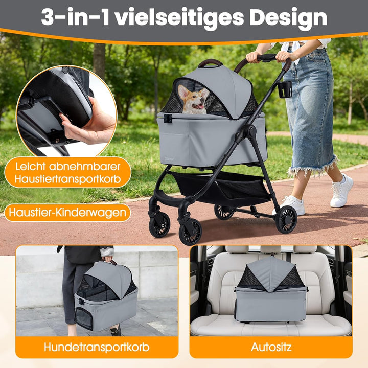 COSTWAY 3 in 1 Hundewagen, Hundebuggy mit verstellbarem Netzdach & Korb & Getränkehalter, Haustiere