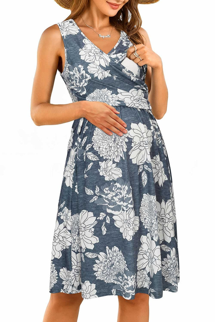 OUGES Damen Sommer Umstandskleid Midi Stillkleid Baumwolle Kleider für Schwangere Lässiges Umstandsm